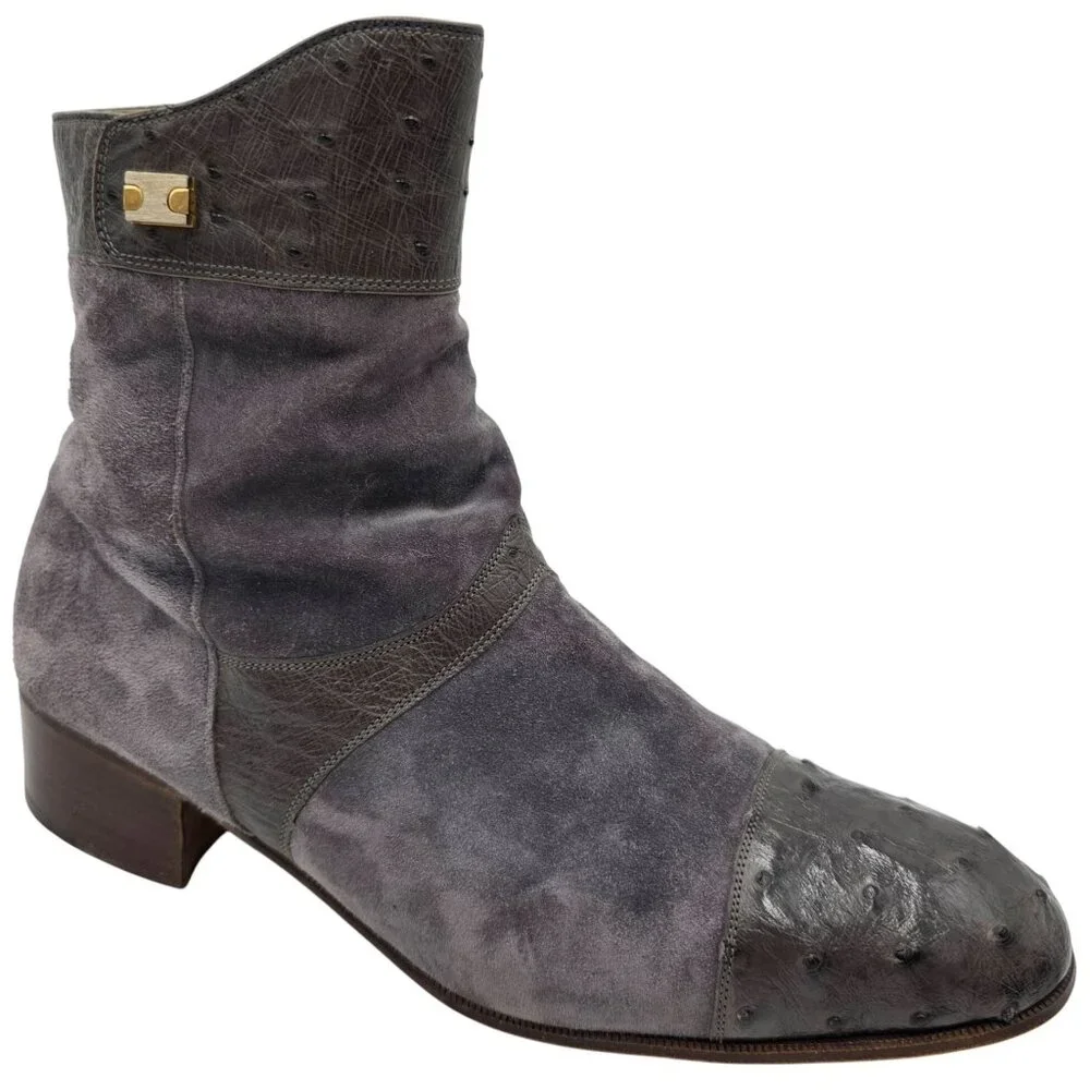 Vintage Mauri Exotic Ostrich and Suede Gray Dress Shoes Mens 8.5 Ankle Zip Boots